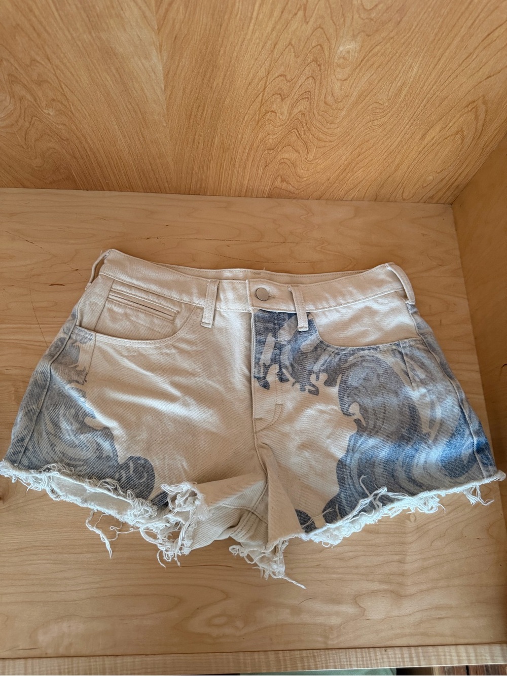Anthropologie Cream Denim Shorts with Gray Wave Print